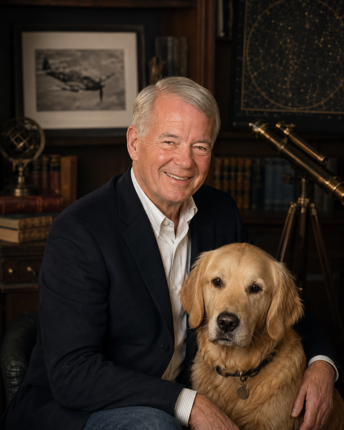 Glenn Sturm with his golden retriever in his library beside a brass telescope